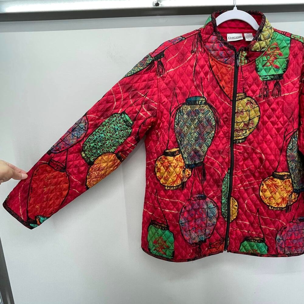 Chico's Red Silk Quilted Asian Taiwanese Chinese Lantern Art‎ Jacket - Picture 4 of 4